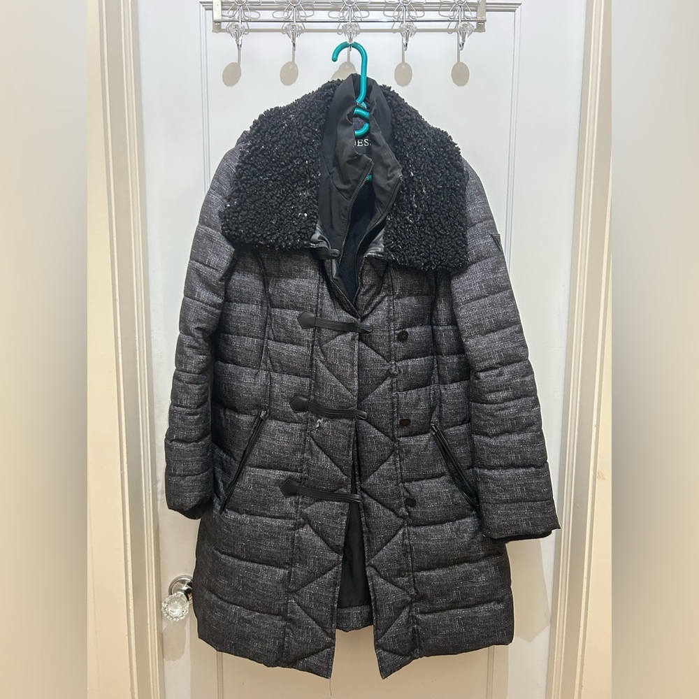 Guess Charcoal Quilted Puffer Coat with Black Faux Fur Collar